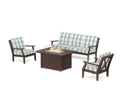 POLYWOOD® Braxton Deep Seating Fire Pit Table Set in Mahogany / Buffalo Plaid Glacier Spa