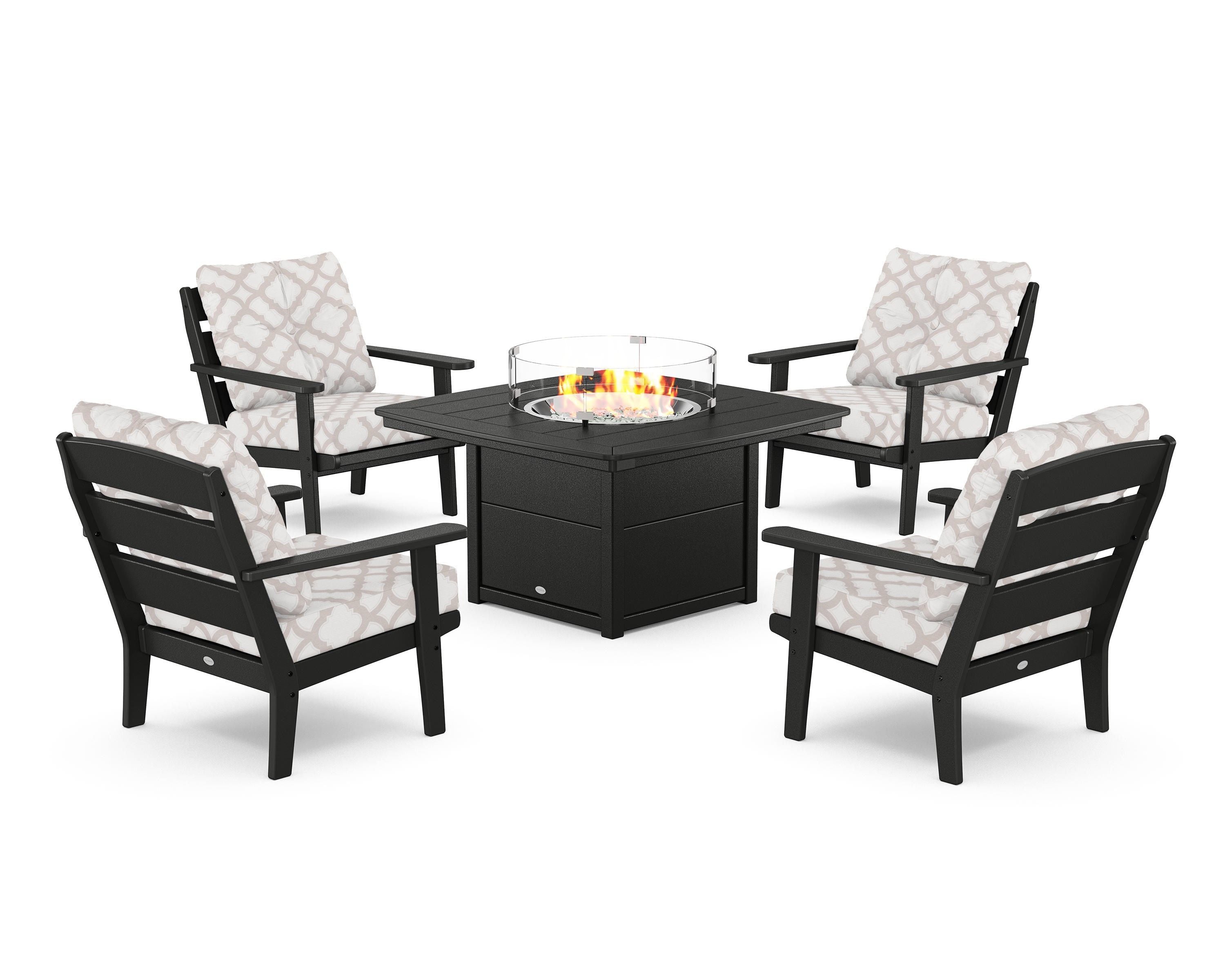 POLYWOOD® Lakeside 5-Piece Deep Seating Set with Nautical Fire Pit Table in Black / Trellis Dune Burlap