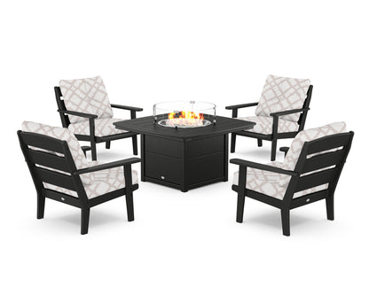 POLYWOOD® Lakeside 5-Piece Deep Seating Set with Nautical Fire Pit Table in Black / Trellis Dune Burlap