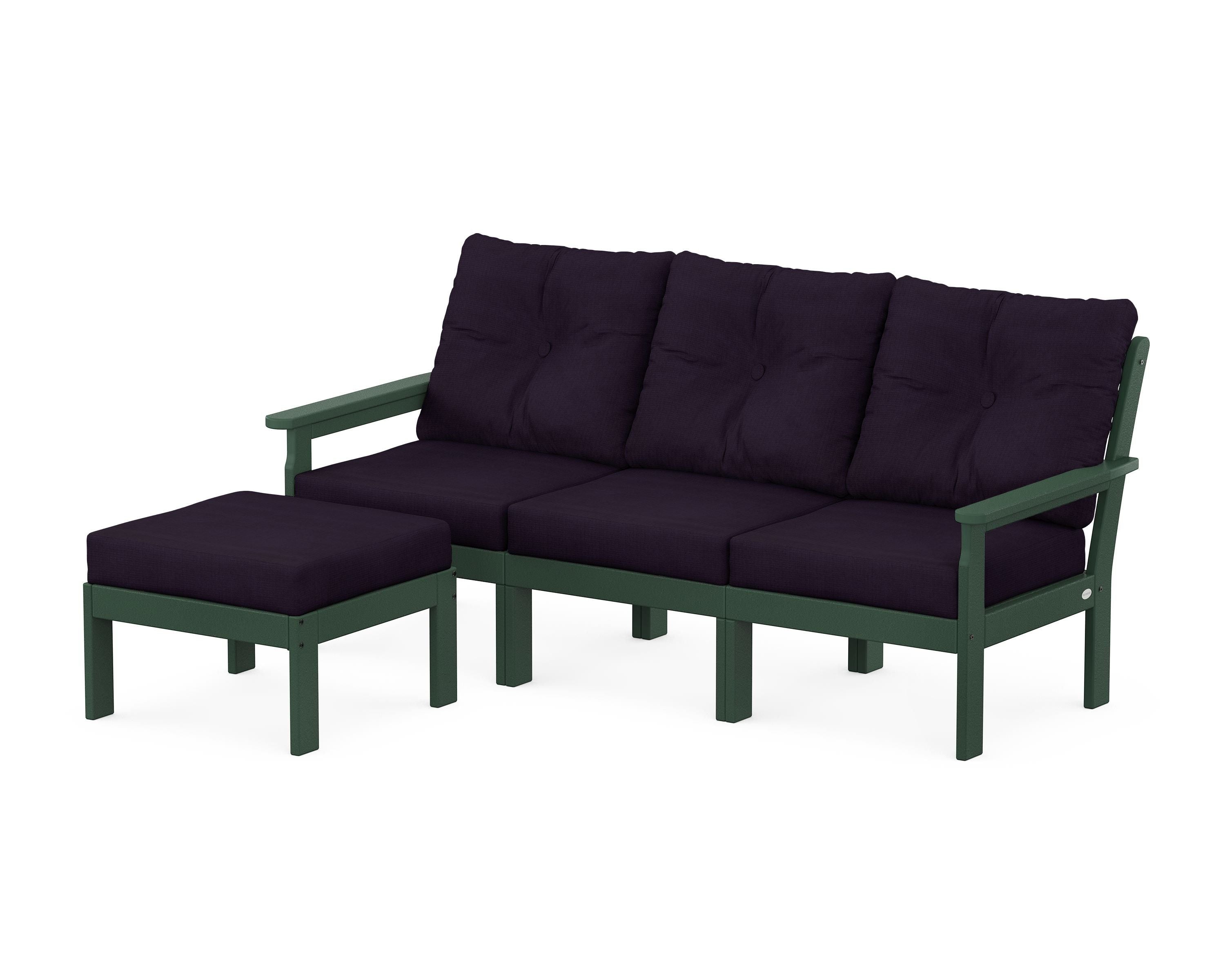 POLYWOOD® Vineyard 4-Piece Sectional with Ottoman in Green / Navy Linen