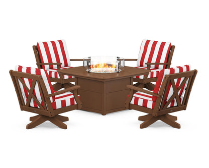 POLYWOOD® Braxton 5-Piece Deep Seating Swivel Conversation Set with Fire Pit Table in Teak / Cabana Stripe Crimson