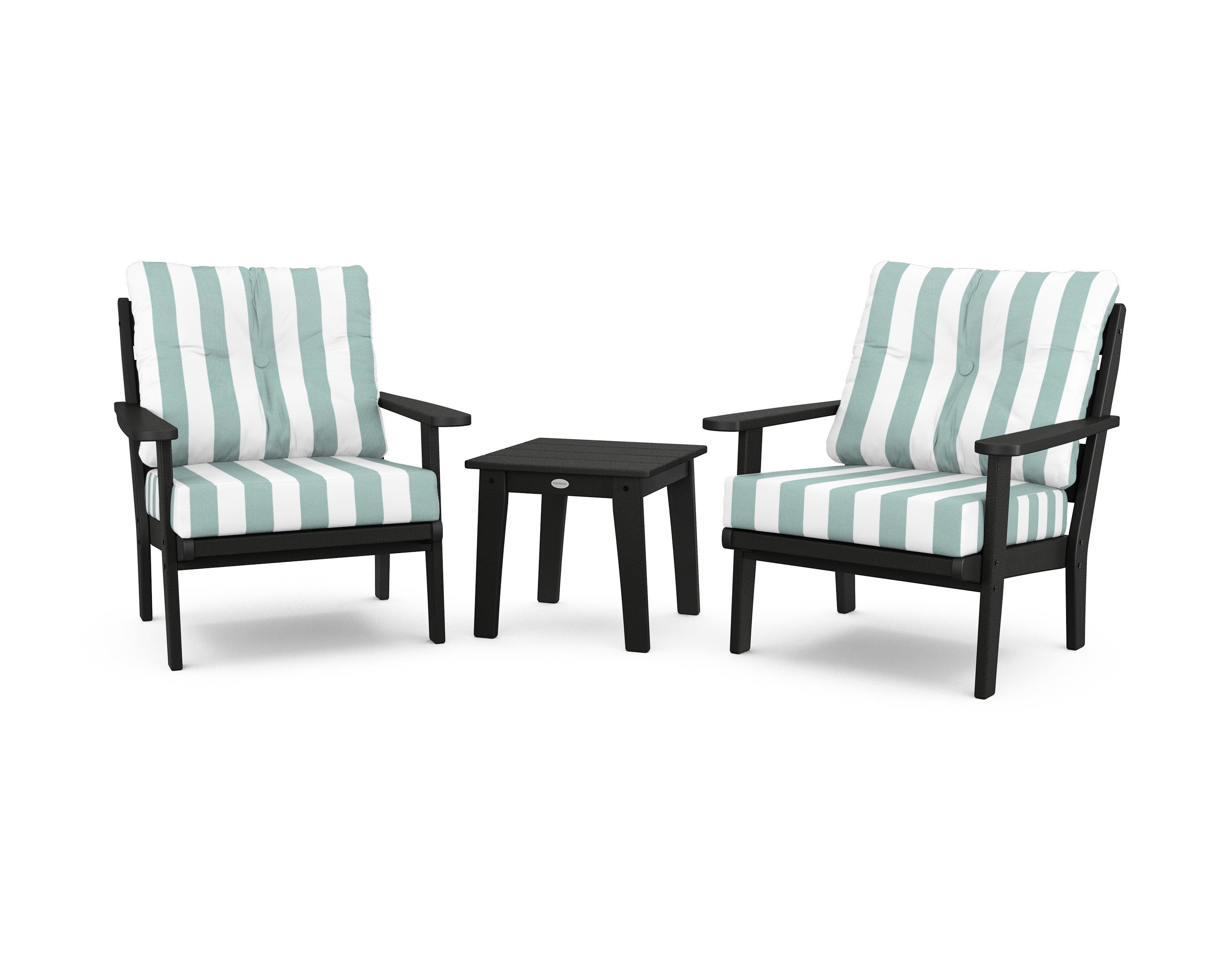 POLYWOOD® Lakeside 3-Piece Deep Seating Chair Set in Black / Cabana Stripe Glacier Spa