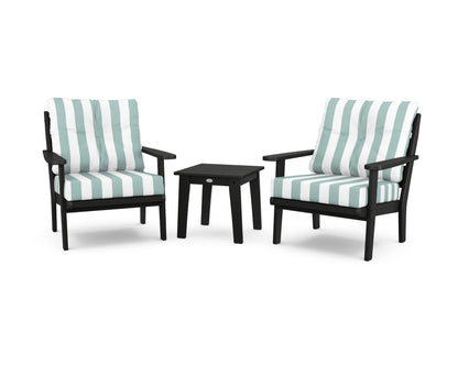 POLYWOOD® Lakeside 3-Piece Deep Seating Chair Set in Black / Cabana Stripe Glacier Spa