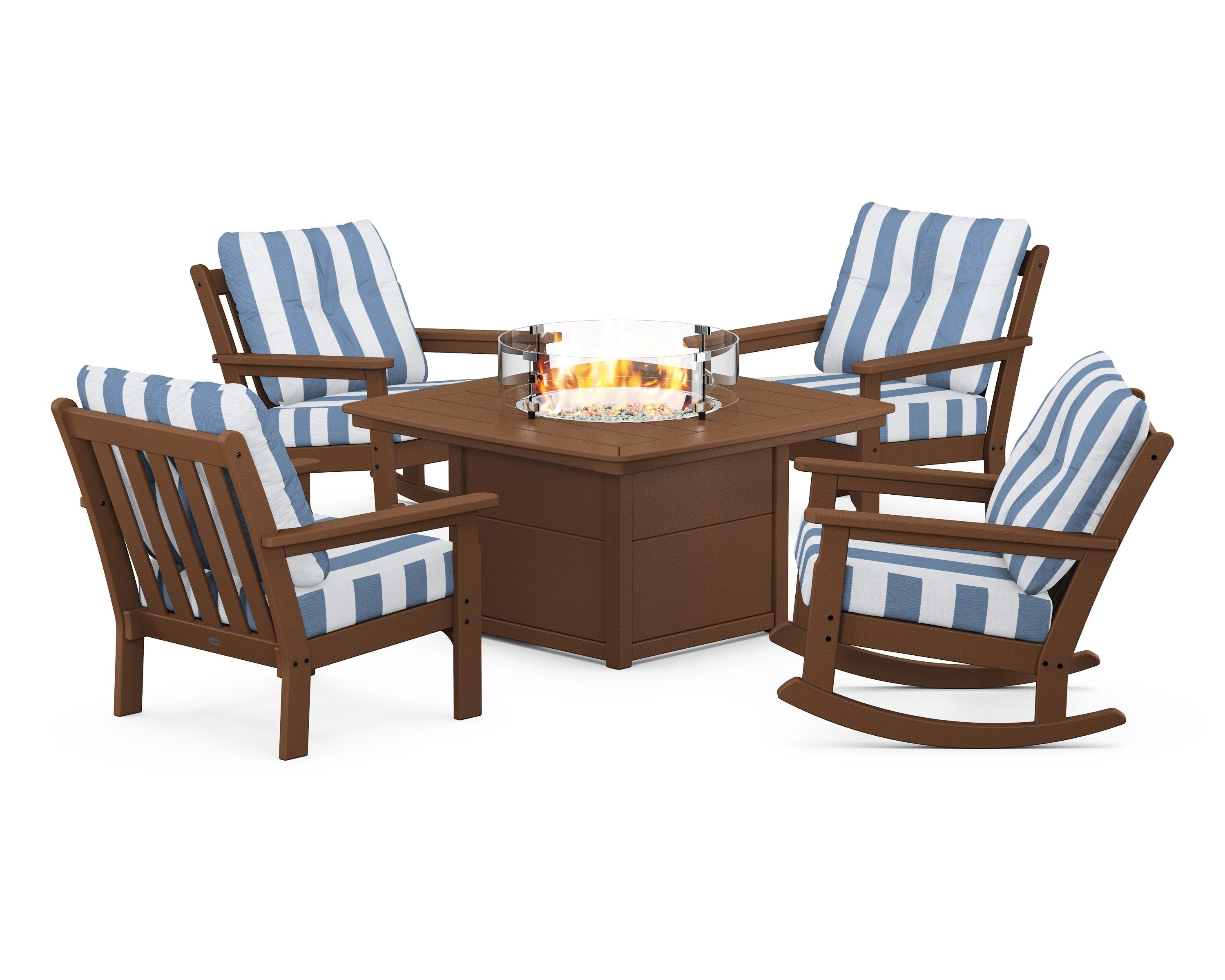 POLYWOOD® Vineyard 5-Piece Deep Seating Rocking Chair Conversation Set with Fire Pit Table in Teak / Cabana Stripe Sky Blue
