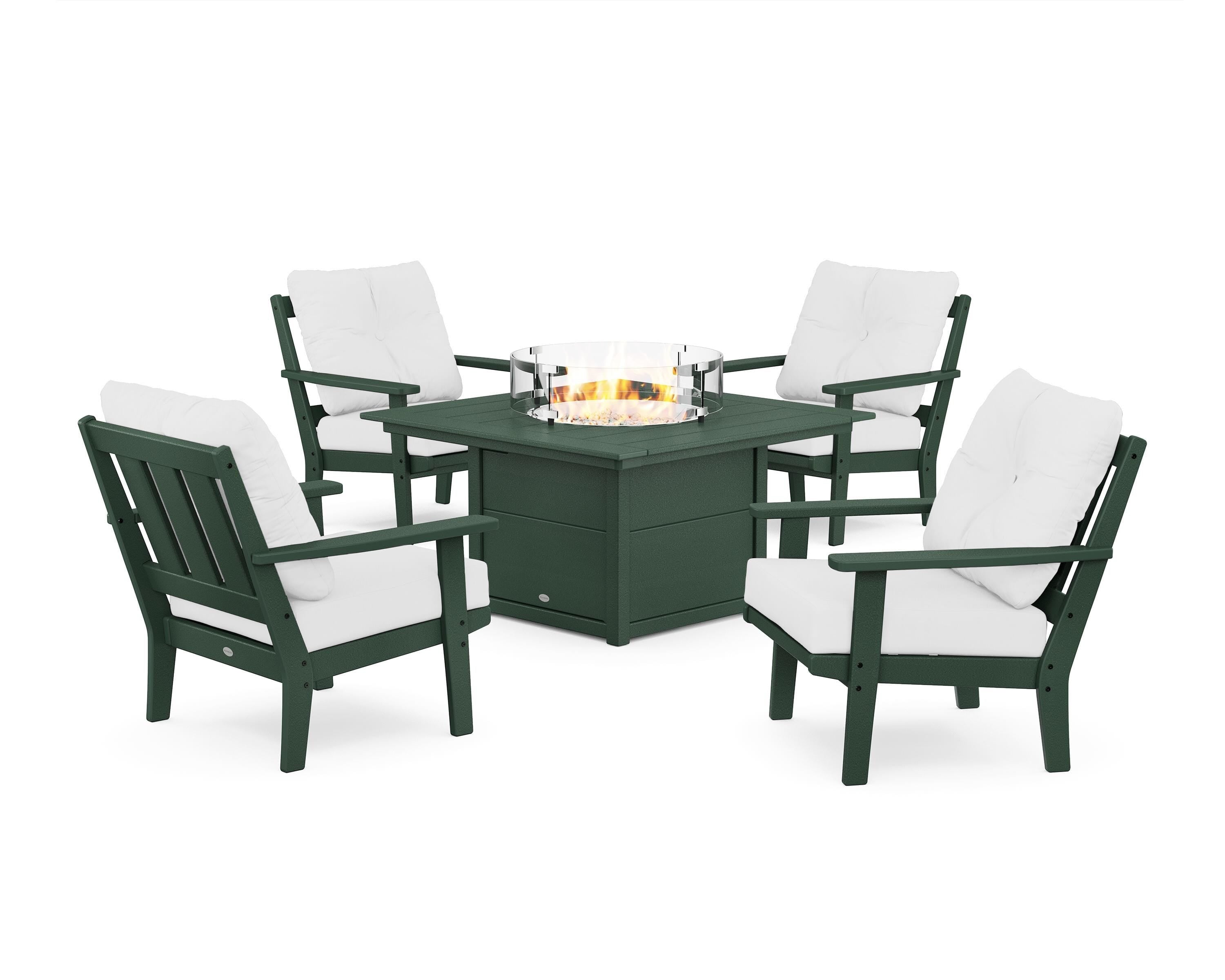 POLYWOOD® Oxford 5-Piece Deep Seating Set with Fire Pit Table in Green / Natural