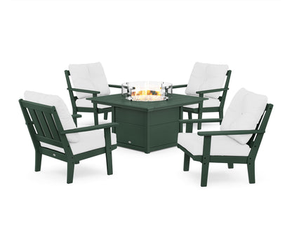POLYWOOD® Oxford 5-Piece Deep Seating Set with Fire Pit Table in Green / Natural