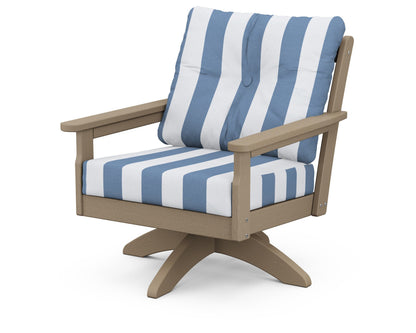 POLYWOOD® Vineyard Deep Seating Swivel Chair in Vintage Sahara / Cabana Stripe Sky Blue