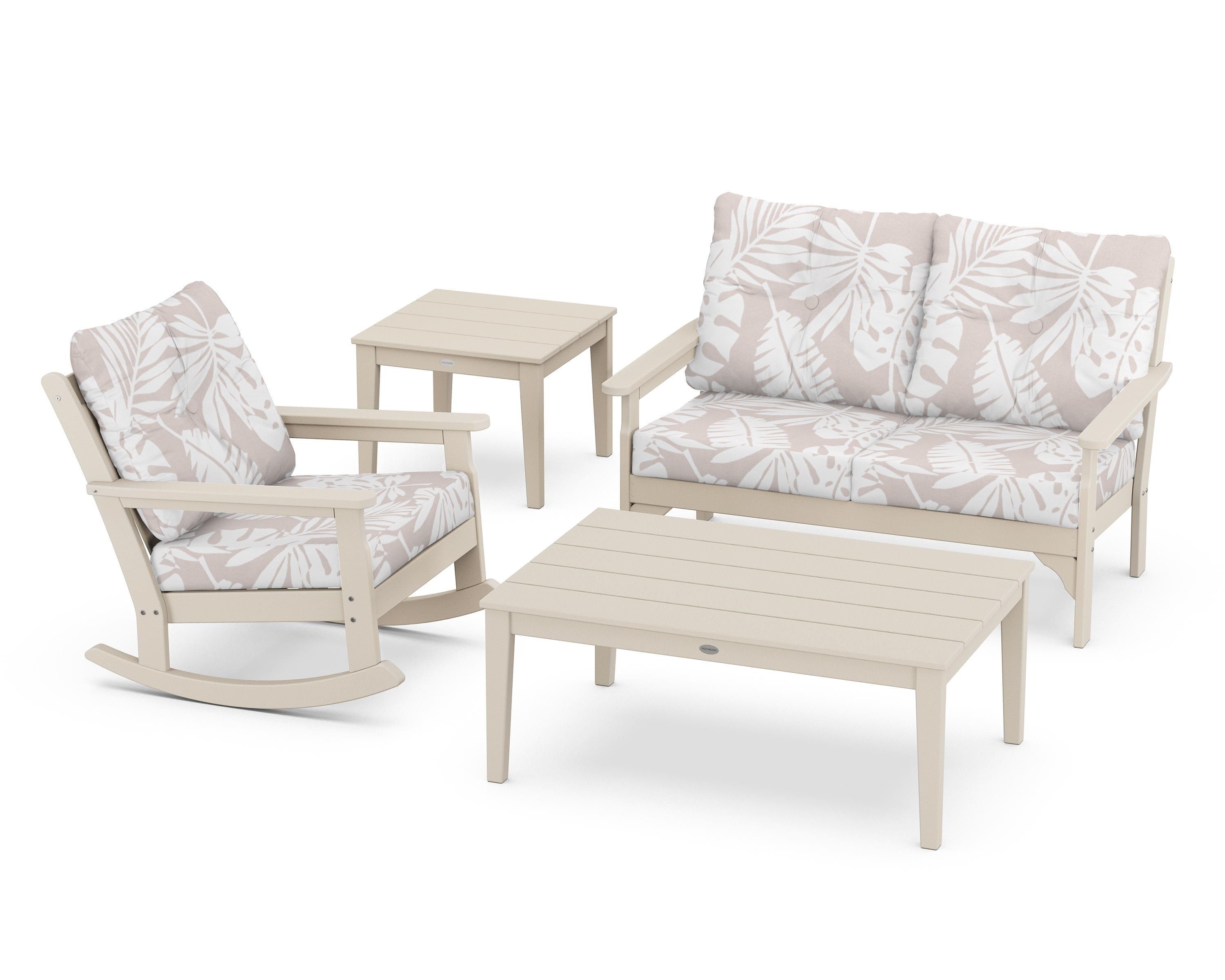 POLYWOOD® Vineyard 4-Piece Deep Seating Rocker Set in Sand / Leaf Dune Burlap