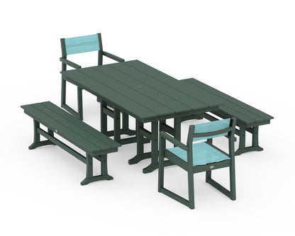 POLYWOOD® EDGE Sling Arm Chair 5-Piece Farmhouse Dining Set with Benches in Green / Dupioni Aquamarine Sling
