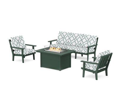 POLYWOOD® Oxford Deep Seating Fire Pit Table Set in Green / Trellis Glacier Spa