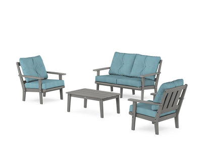 POLYWOOD® Oxford 4-Piece Deep Seating Set with Loveseat in Slate Grey / Lattice Sky Blue