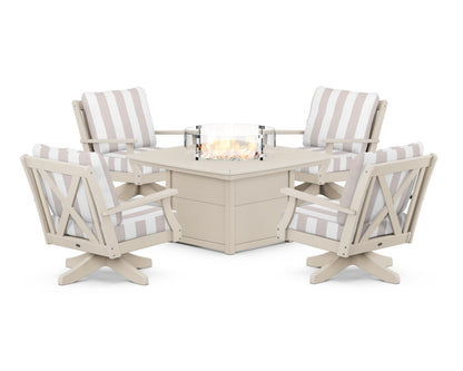 POLYWOOD® Braxton 5-Piece Deep Seating Swivel Conversation Set with Fire Pit Table in Sand / Cabana Stripe Dune Burlap