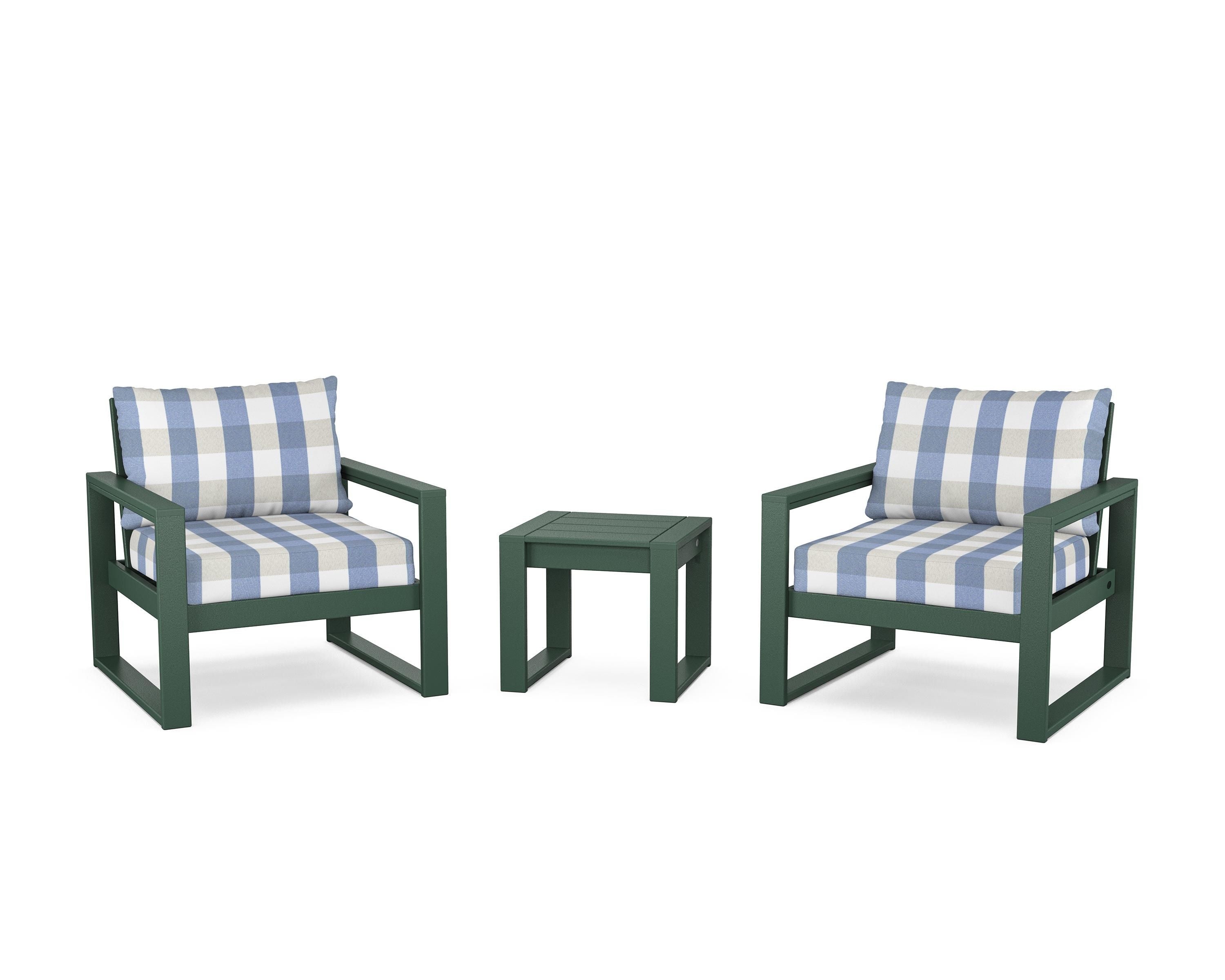 POLYWOOD® EDGE Sectional 3-Piece Deep Seating Set in Green / Buffalo Plaid Sky Blue