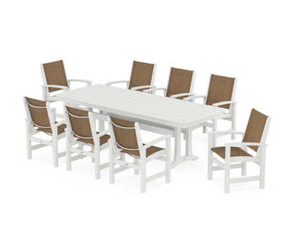 POLYWOOD® Coastal 9-Piece Dining Set with Trestle Legs in White / Burlap Sling