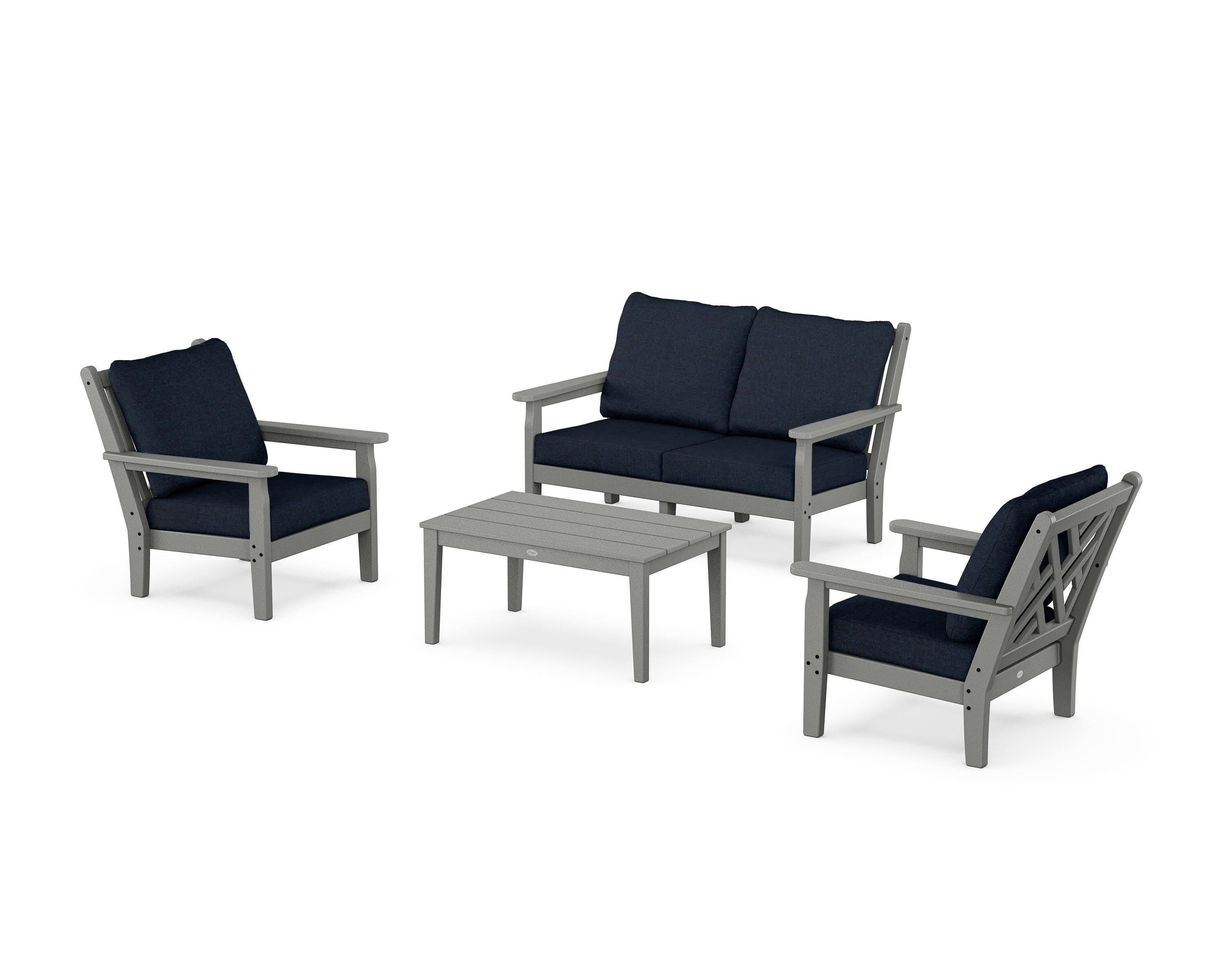 POLYWOOD® Chippendale 4-Piece Deep Seating Set with Loveseat in Slate Grey / Marine Indigo