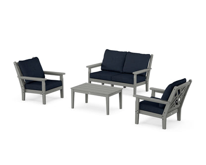 POLYWOOD® Chippendale 4-Piece Deep Seating Set with Loveseat in Slate Grey / Marine Indigo