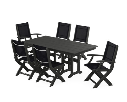POLYWOOD® Coastal Folding Chair 7-Piece Farmhouse Dining Set in Black / Black Sling