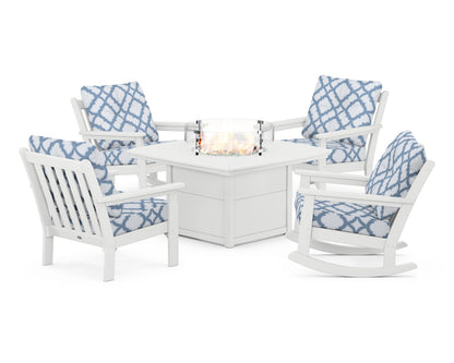 POLYWOOD® Vineyard 5-Piece Deep Seating Rocking Chair Conversation Set with Fire Pit Table in White / Trellis Sky Blue