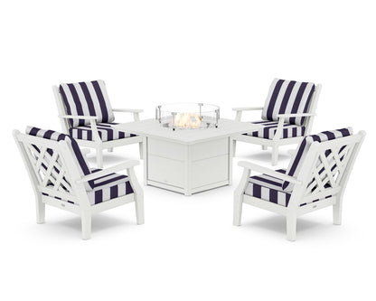 Country Living Wovendale 5-Piece Deep Seating Set with Fire Pit Table in White / Cabana Stripe Navy