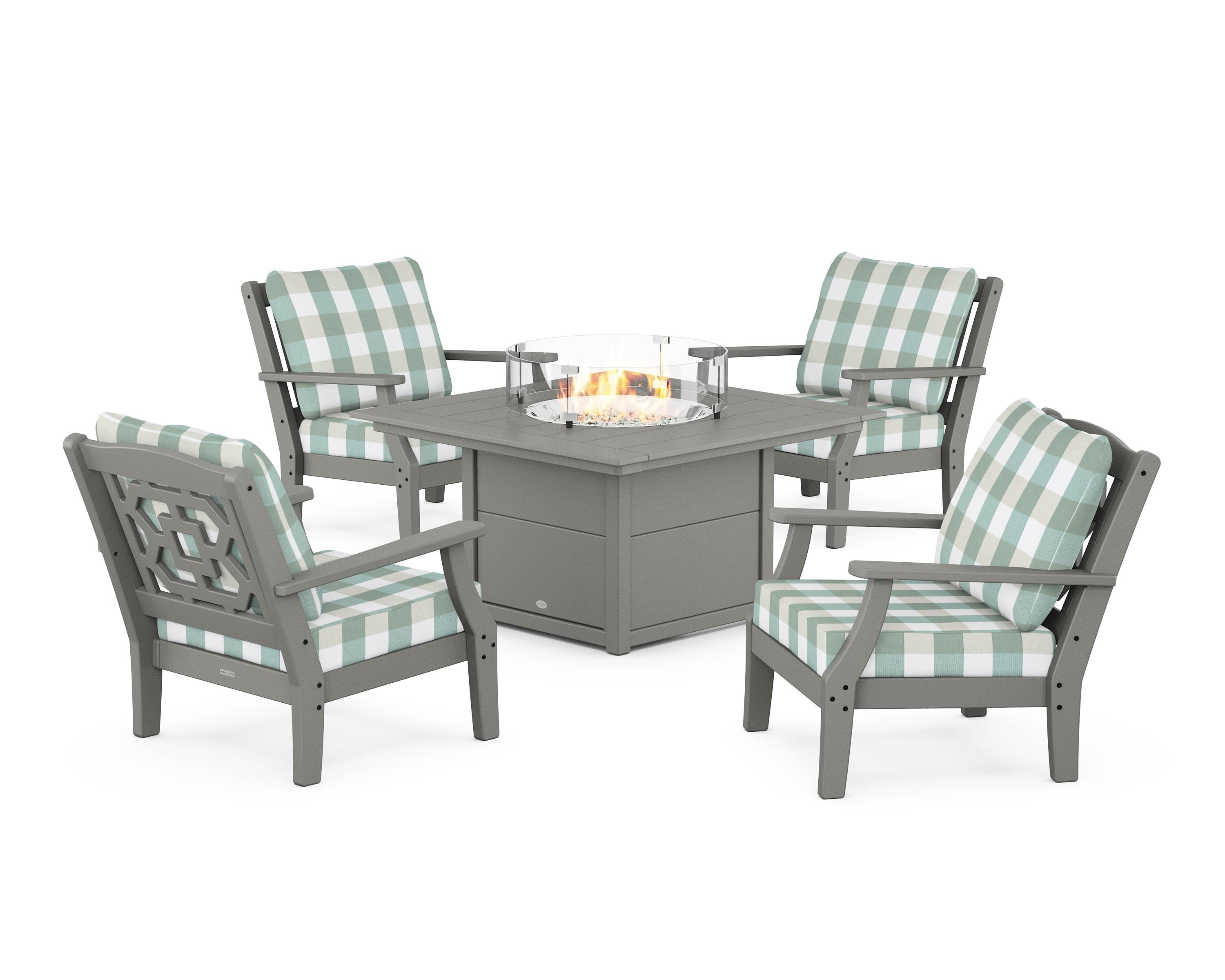 Martha Stewart by POLYWOOD® Chinoiserie 5-Piece Deep Seating Set with Fire Pit Table in Slate Grey / Buffalo Plaid Glacier Spa