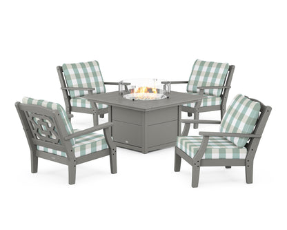 Martha Stewart by POLYWOOD® Chinoiserie 5-Piece Deep Seating Set with Fire Pit Table in Slate Grey / Buffalo Plaid Glacier Spa