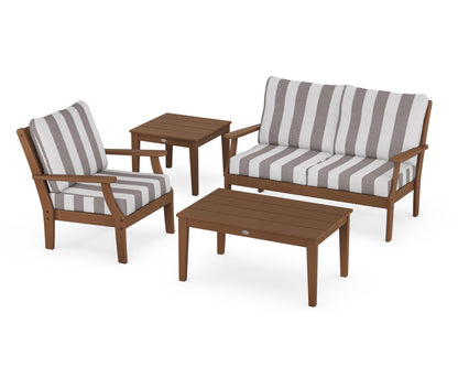 POLYWOOD® Braxton 4-Piece Deep Seating Set in Teak / Cabana Stripe Grey Mist