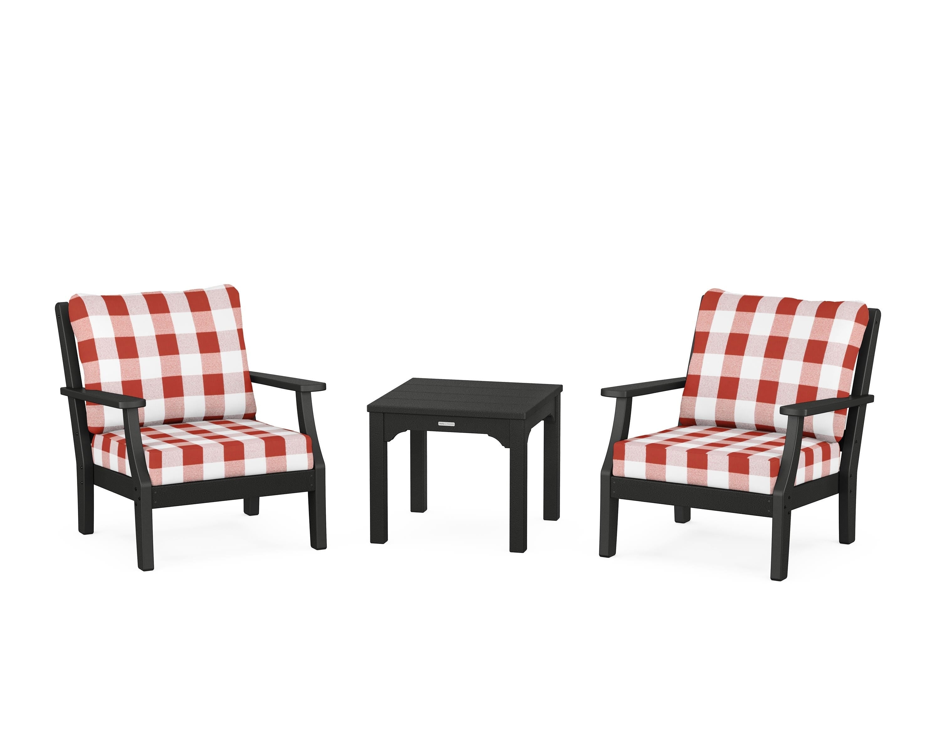 Martha Stewart by POLYWOOD® Chinoiserie 3-Piece Deep Seating Set in Black / Buffalo Plaid Crimson