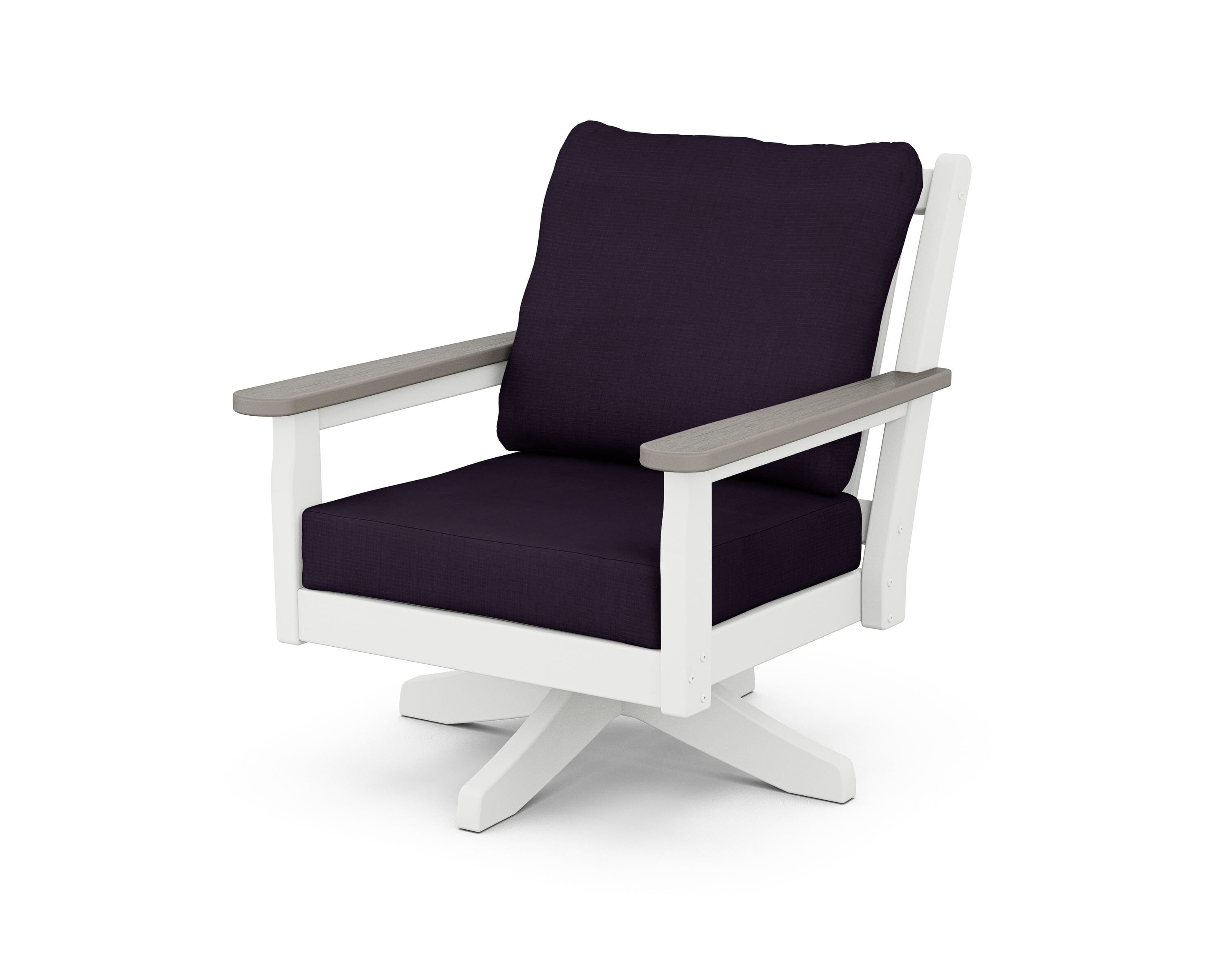 POLYWOOD® Chippendale Deep Seating Swivel Chair in White / Driftwood / Navy Linen