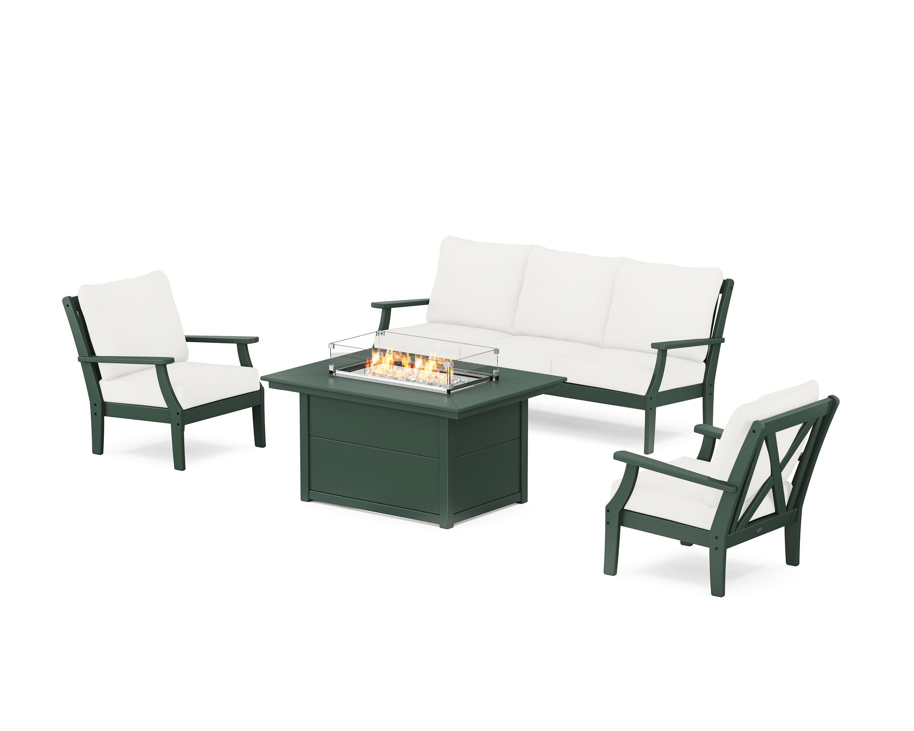 POLYWOOD® Braxton Deep Seating Fire Pit Table Set in Green / Natural Linen