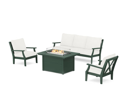 POLYWOOD® Braxton Deep Seating Fire Pit Table Set in Green / Natural Linen