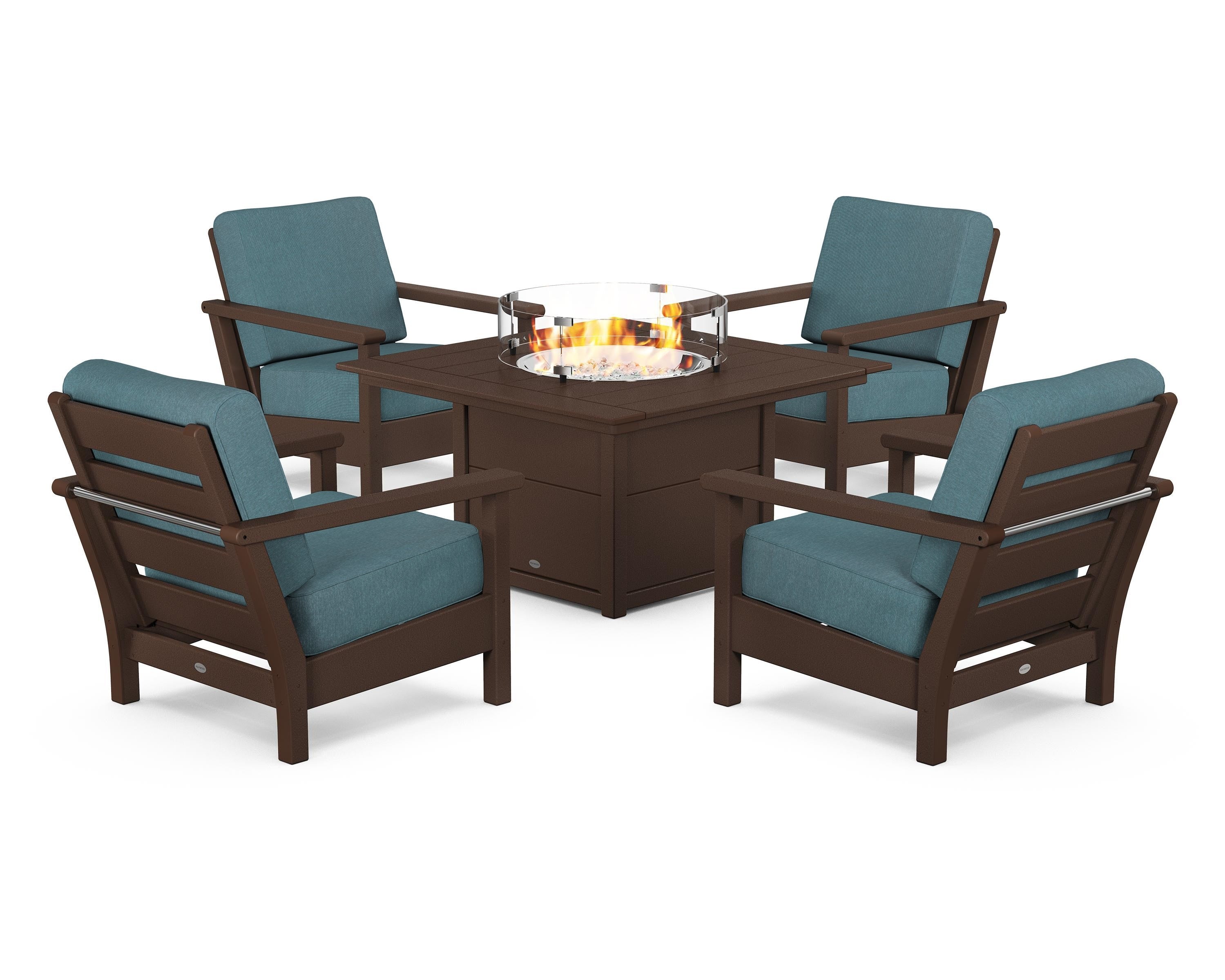 POLYWOOD® Harbour 5-Piece Conversation Set with Fire Pit Table in Mahogany / Ocean Teal