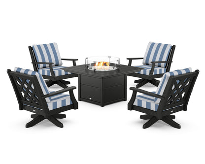 Country Living Wovendale 5-Piece Deep Seating Swivel Conversation Set with Fire Pit Table in Black / Cabana Stripe Sky Blue