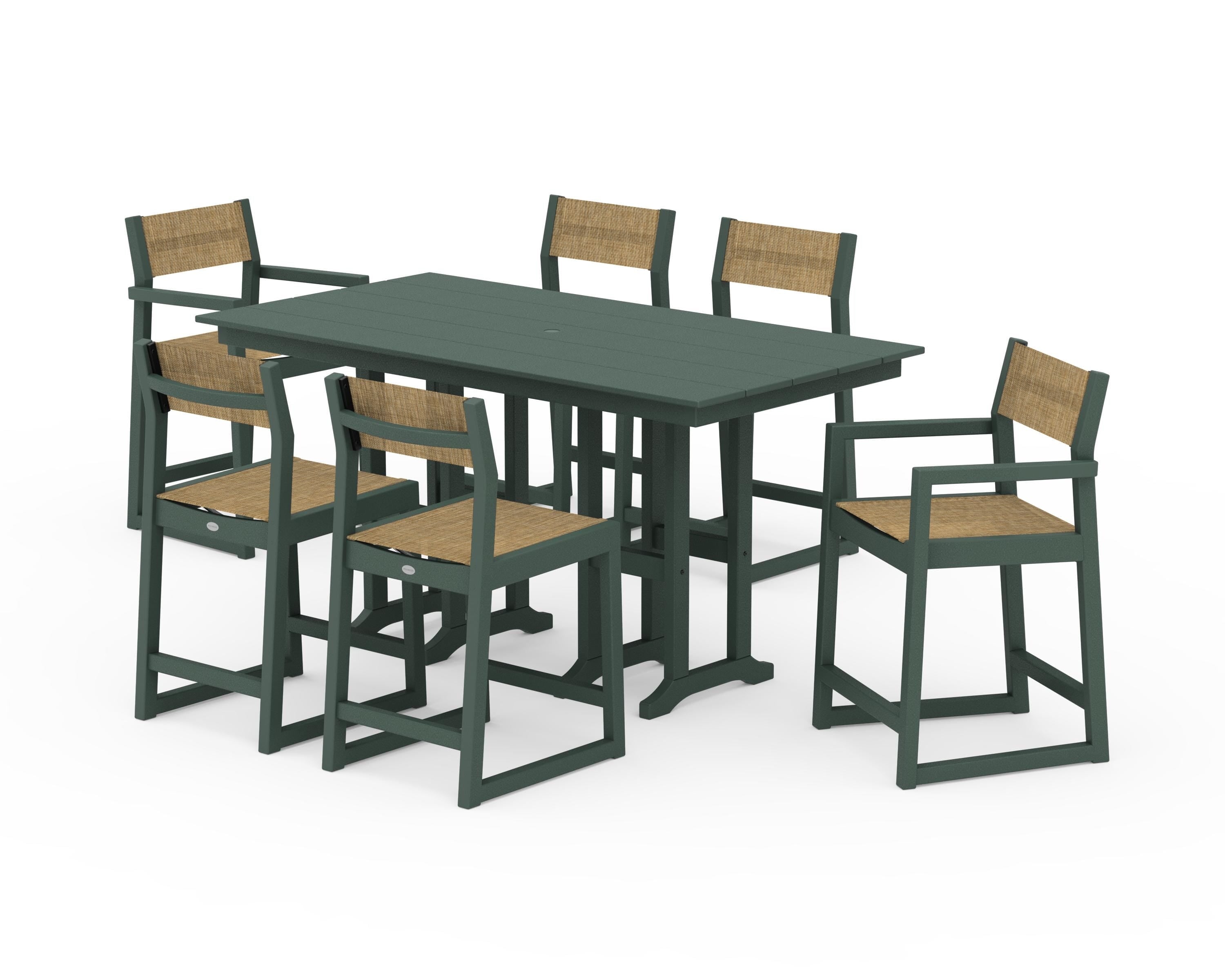 POLYWOOD® EDGE Sling 7-Piece Farmhouse Counter Set in Green / Burlap Sling