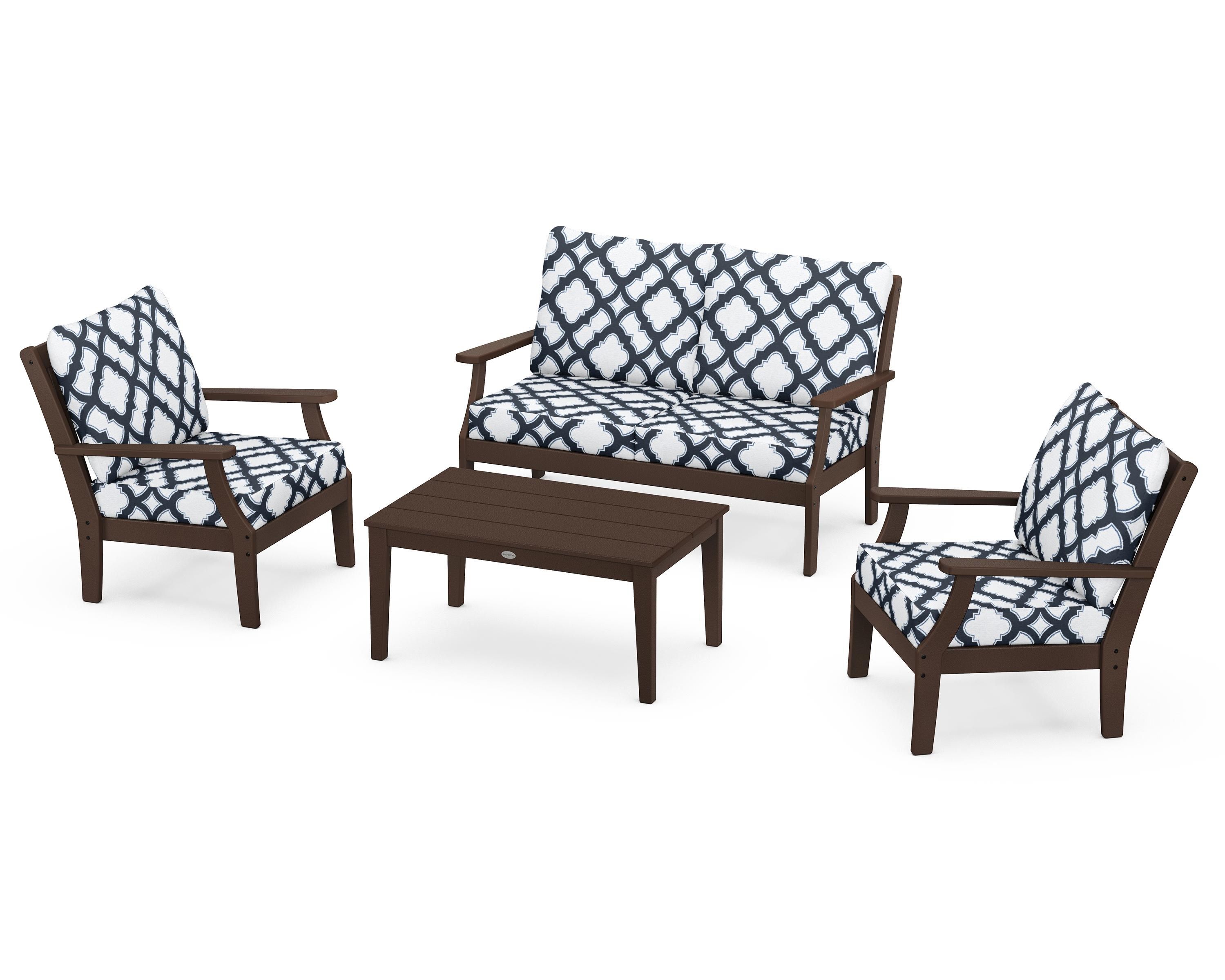 POLYWOOD® Braxton 4-Piece Deep Seating Chair Set in Mahogany / Trellis Marine Indigo