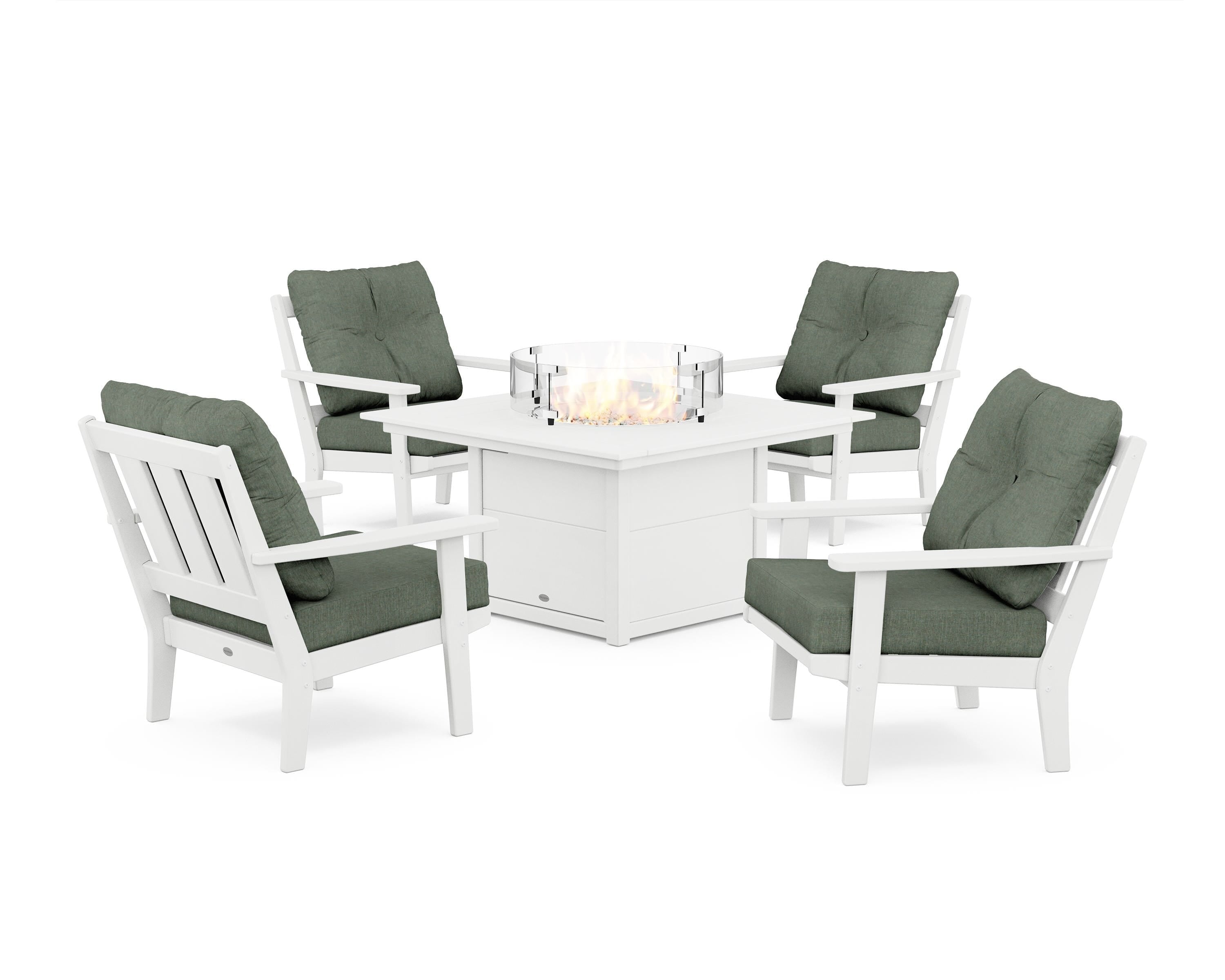 POLYWOOD® Oxford 5-Piece Deep Seating Set with Fire Pit Table in White / Cast Sage