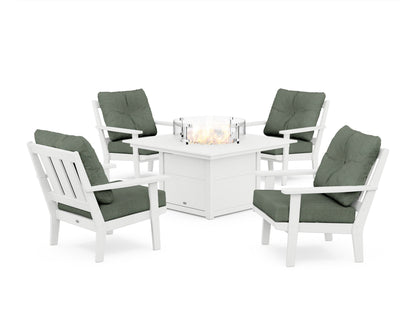 POLYWOOD® Oxford 5-Piece Deep Seating Set with Fire Pit Table in White / Cast Sage