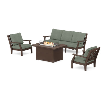 Martha Stewart by POLYWOOD® Chinoiserie Deep Seating Fire Pit Table Set in Mahogany / Cast Sage