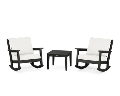POLYWOOD® Chippendale 3-Piece Deep Seating Rocker Set in Black / Natural Linen