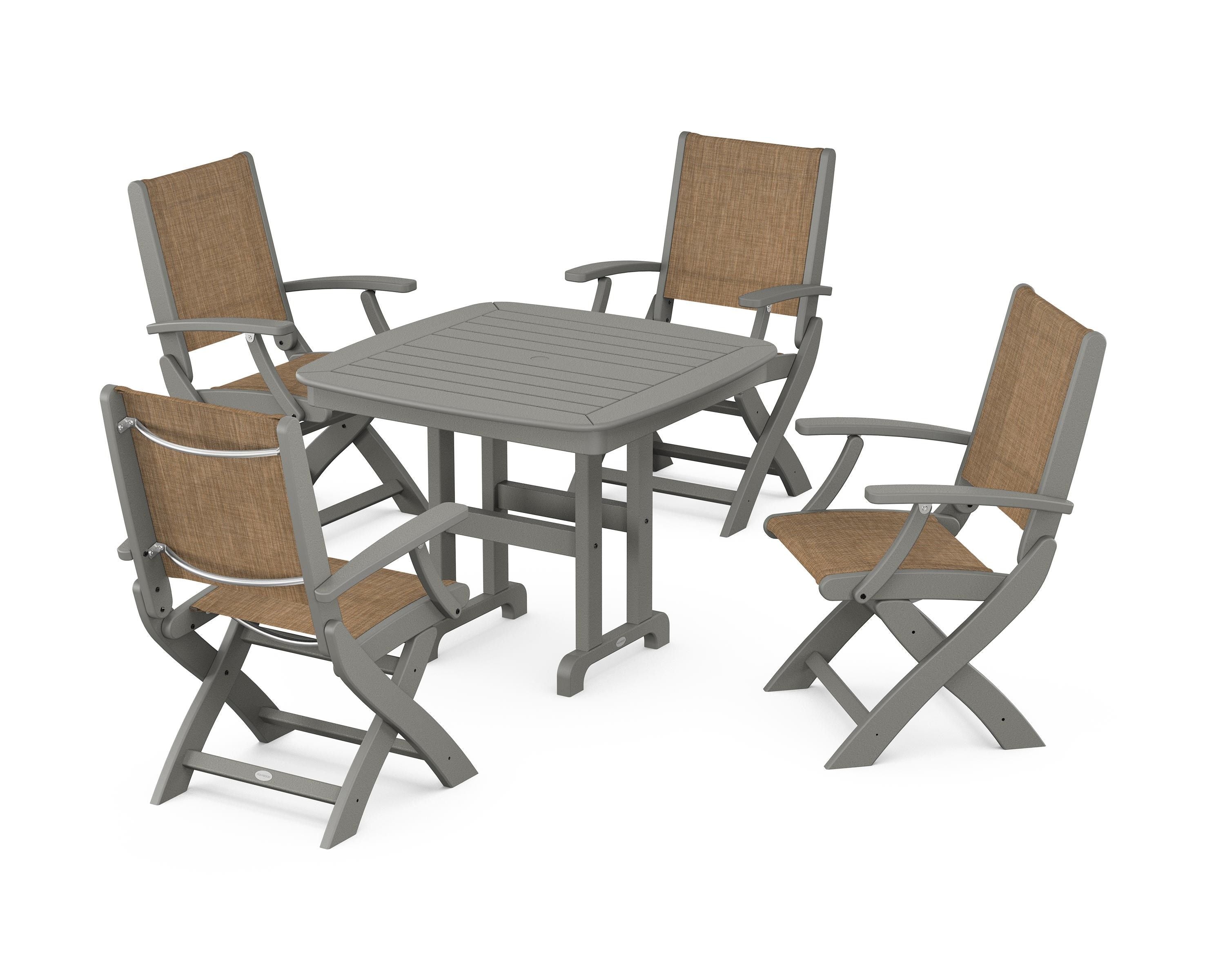 POLYWOOD® Coastal Folding Chair 5-Piece Dining Set in Slate Grey / Burlap Sling