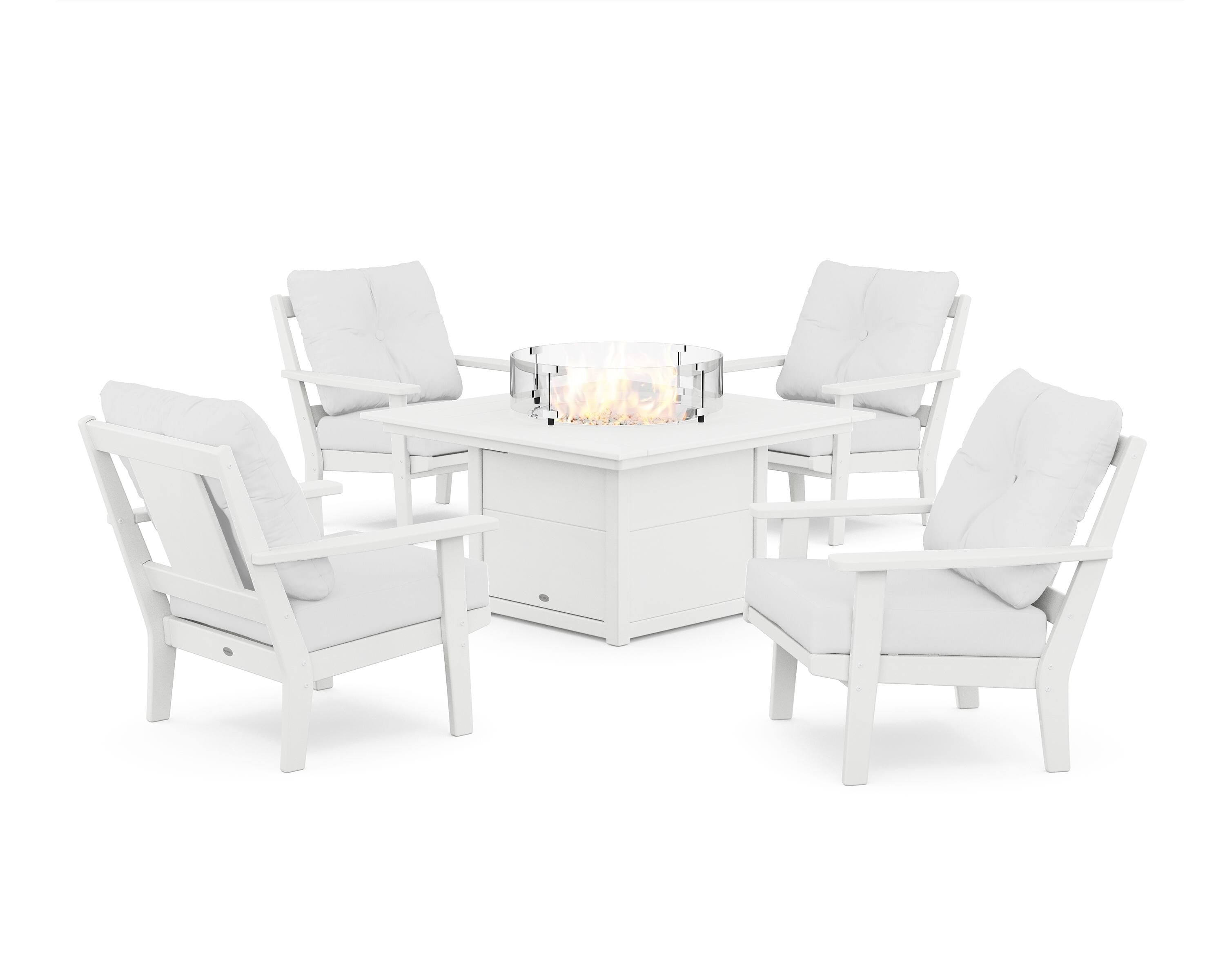 POLYWOOD® Prairie 5-Piece Deep Seating Set with Fire Pit Table in White / Natural