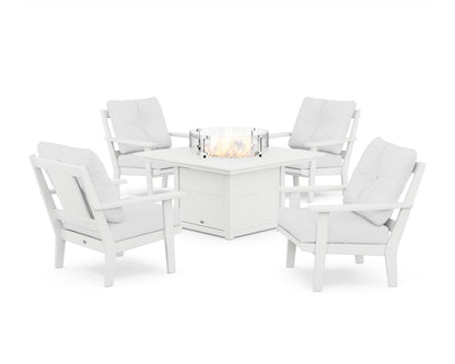 POLYWOOD® Prairie 5-Piece Deep Seating Set with Fire Pit Table in White / Natural