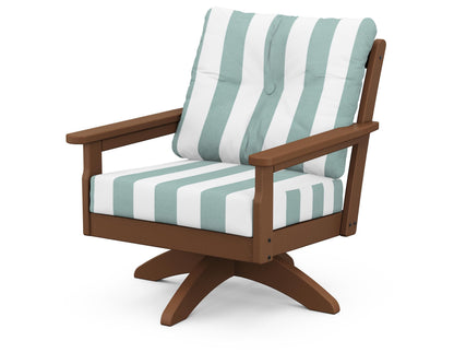 POLYWOOD® Vineyard Deep Seating Swivel Chair in Teak / Cabana Stripe Glacier Spa