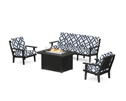 POLYWOOD® Mission Deep Seating Fire Pit Table Set in Black / Trellis Marine Indigo