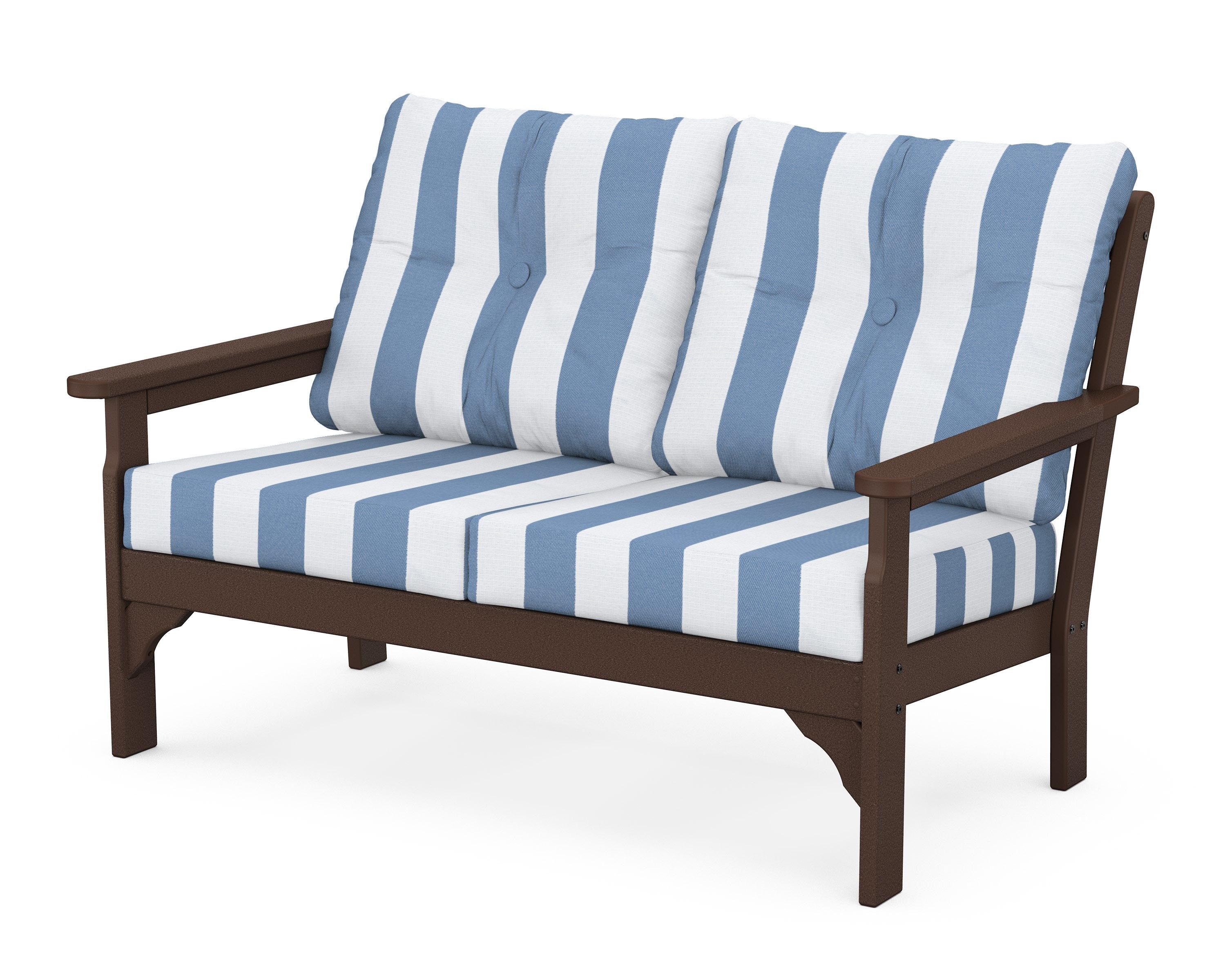 POLYWOOD® Vineyard Deep Seating Loveseat in Mahogany / Cabana Stripe Sky Blue