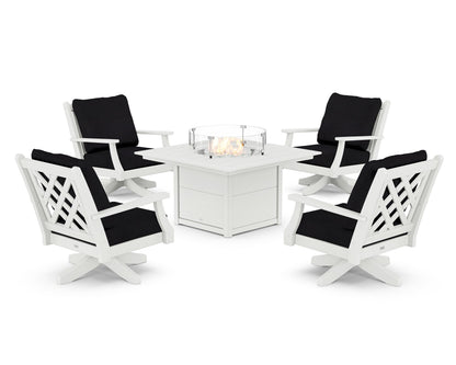 Country Living Wovendale 5-Piece Deep Seating Swivel Conversation Set with Fire Pit Table in White / Midnight Linen