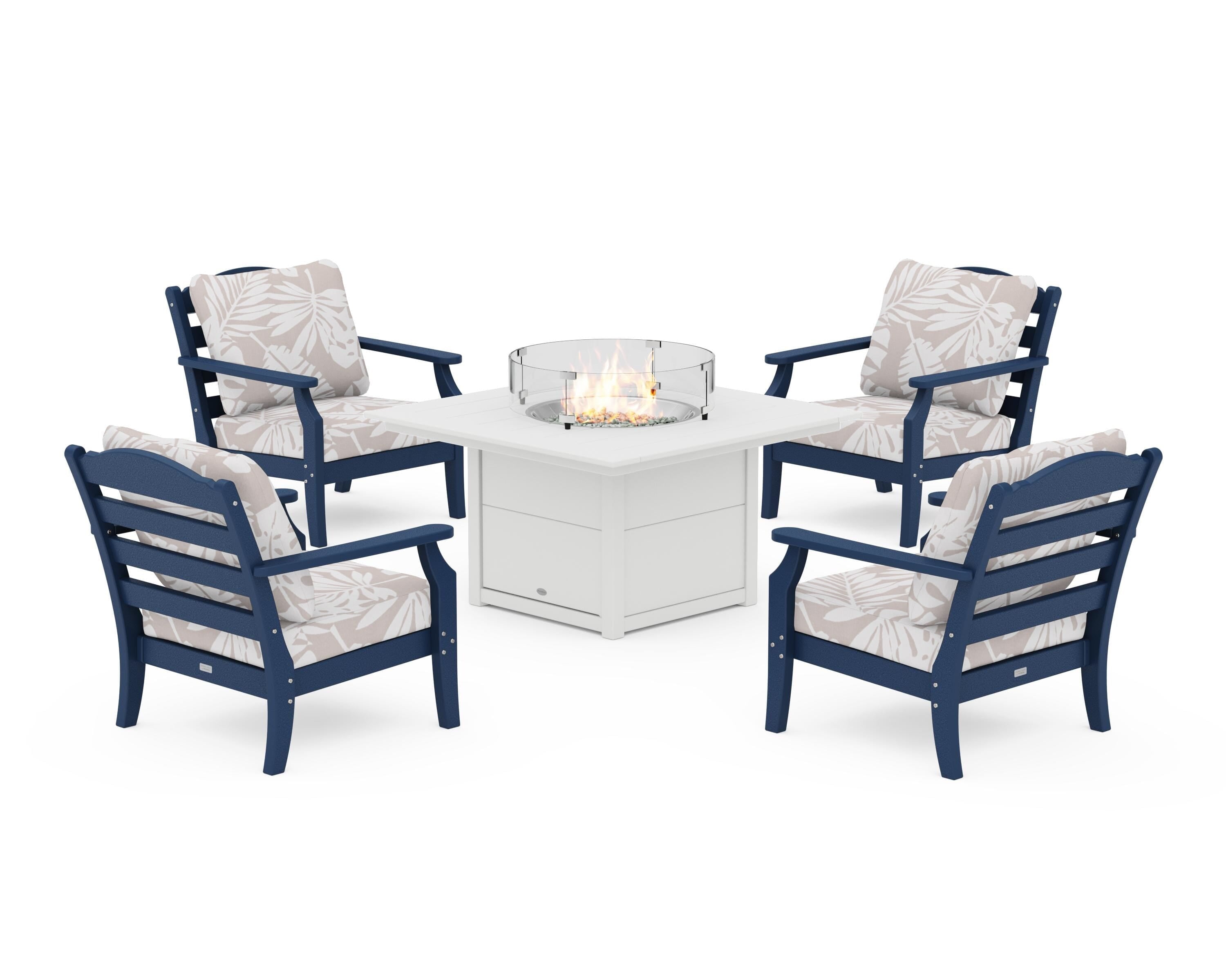 Draper James™ by  POLYWOOD® Savannah 5-Piece Deep Seating Set with Fire Pit Table in Navy / Leaf Dune Burlap