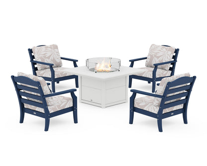 Draper James™ by  POLYWOOD® Savannah 5-Piece Deep Seating Set with Fire Pit Table in Navy / Leaf Dune Burlap