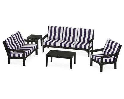 POLYWOOD® Vineyard 5 Piece Deep Seating Set in Black / Cabana Stripe Navy