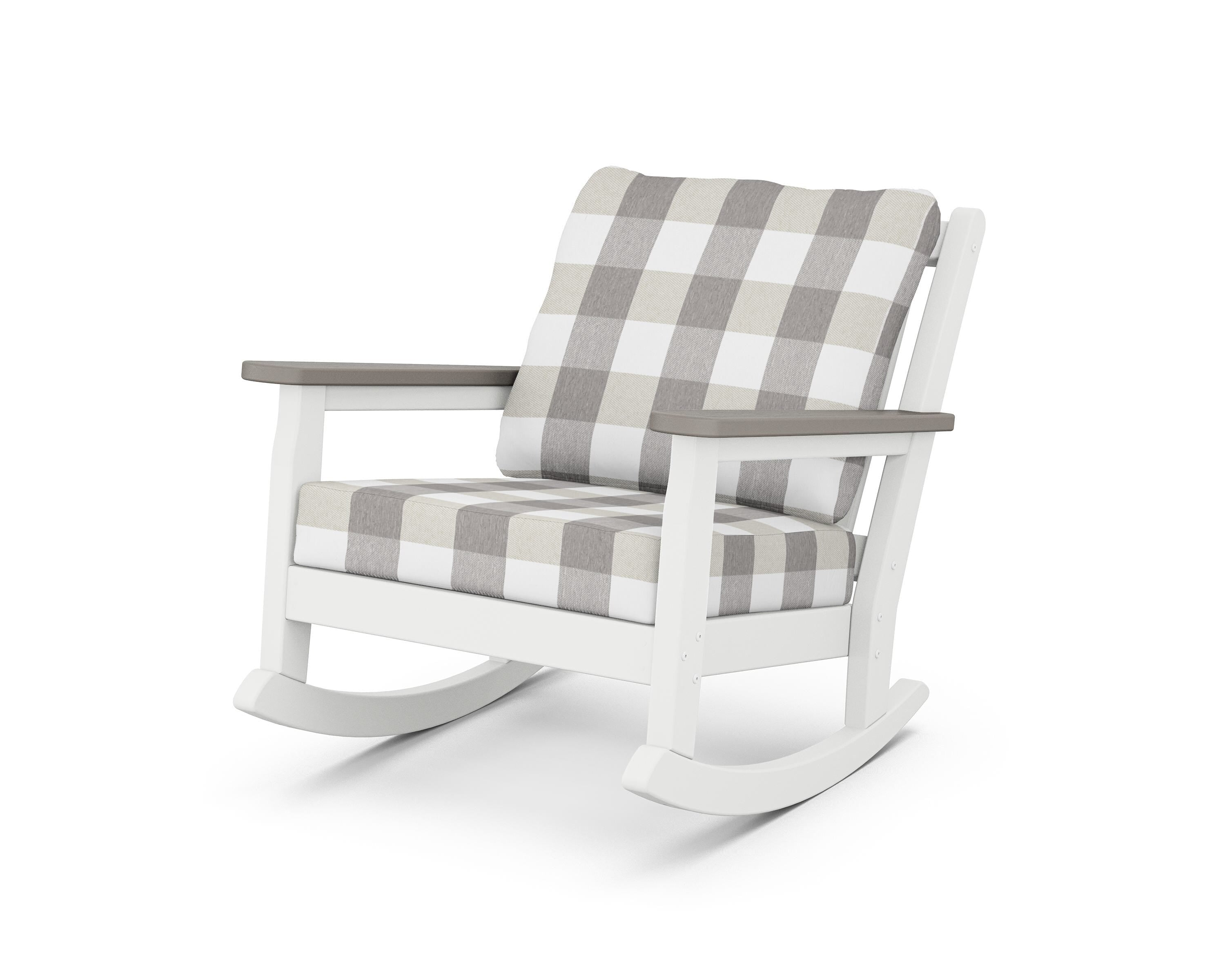 POLYWOOD® Chippendale Deep Seating Rocking Chair in White / Driftwood / Buffalo Plaid Grey Mist