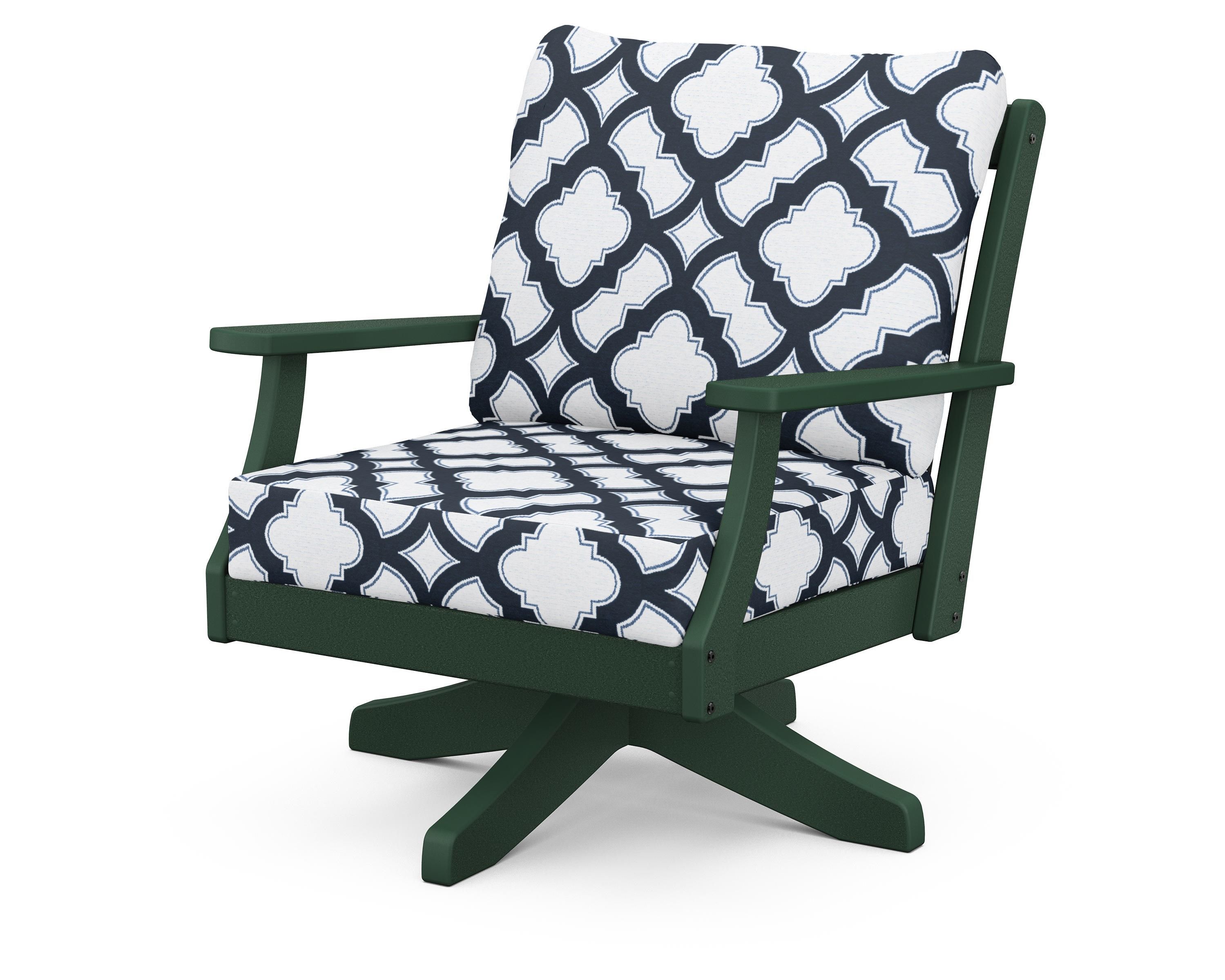 POLYWOOD® Braxton Deep Seating Swivel Chair in Green / Trellis Marine Indigo
